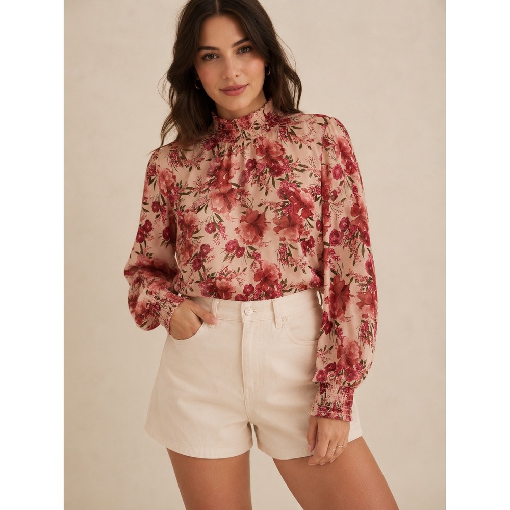 Torrid Pink Floral Smocked Mock Neck Long Sleeve Georgette Blouse Plus Size 3 3X
